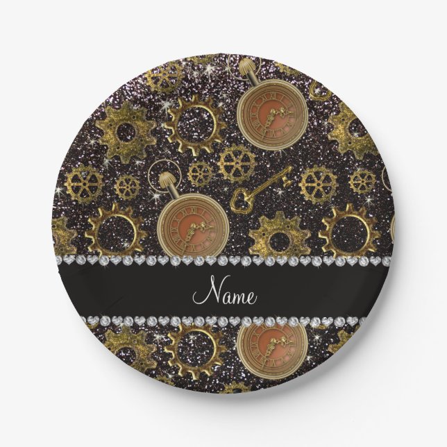 Assiettes En Carton parties scintillant noire steampunk de nom personn (Devant)