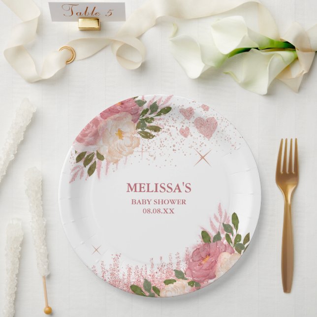 Assiettes En Carton Parties scintillant or rose Glam personnalisé (Mariage)