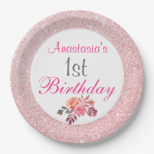 Assiettes En Carton Parties scintillant or rose pâle Floral 1er annive