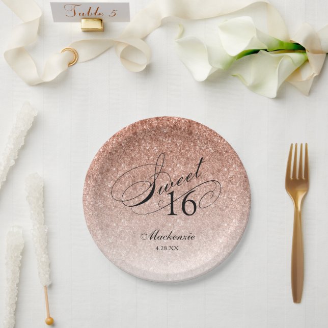 Assiettes En Carton Parties scintillant or rose Sweet 16 personnalisée (Mariage)