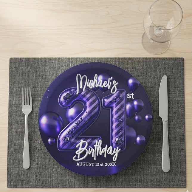 Assiettes En Carton Parties scintillant pourpre gras rayé 21e annivers (Créateur téléchargé)