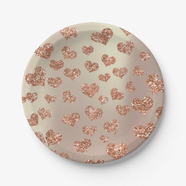 Assiettes En Carton Parties scintillant Rose Foxier Gold Hearts Confet (Devant)