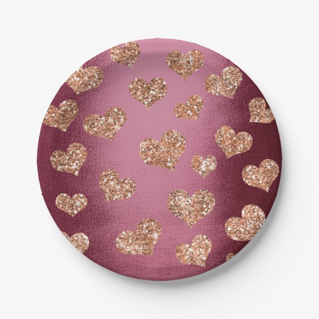 Assiettes En Carton Parties scintillant Rose Gold Hearts Confetti Burg (Devant)