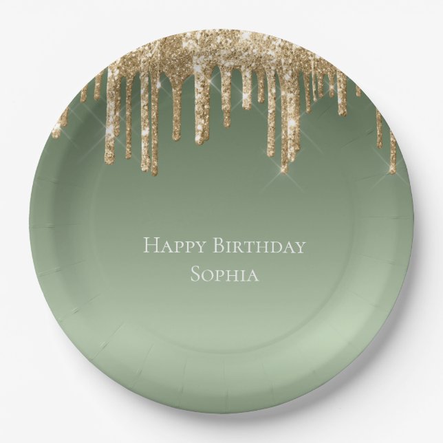 Assiettes En Carton Parties scintillant Sage Green Gold Sparkle Drithd (Devant)