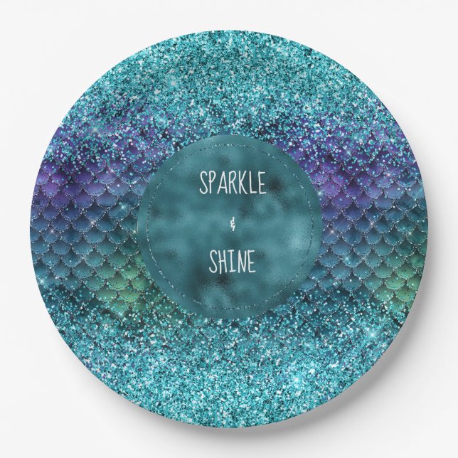 Assiettes En Carton Parties scintillant turquoise Aqua Purple Mermaid (Devant)