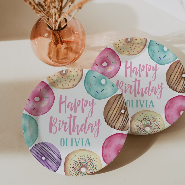 Assiettes En Carton Pastel Aquarelle Donut Personnalisé Anniversaire (Créateur téléchargé)