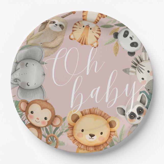 Assiettes En Carton Pastel baby shower tropical Jungle Safari Animaux (Devant)