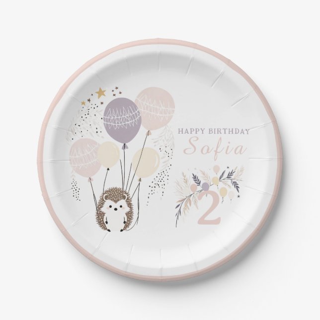 Assiettes En Carton Pastel Boho Hedgehog et Balloons Anniversaire (Devant)