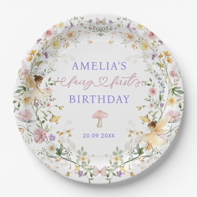Assiettes En Carton Pastel Fleur sauvage Fairy Premier Anniversaire Fê (Devant)