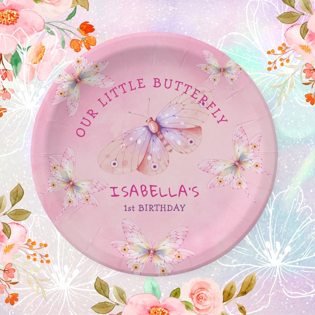 Assiettes En Carton Pastel Pink Butterfly Theme Fille 1er anniversaire (Pastel Pink Butterfly Theme Girl's 1st Birthday Paper Plates)