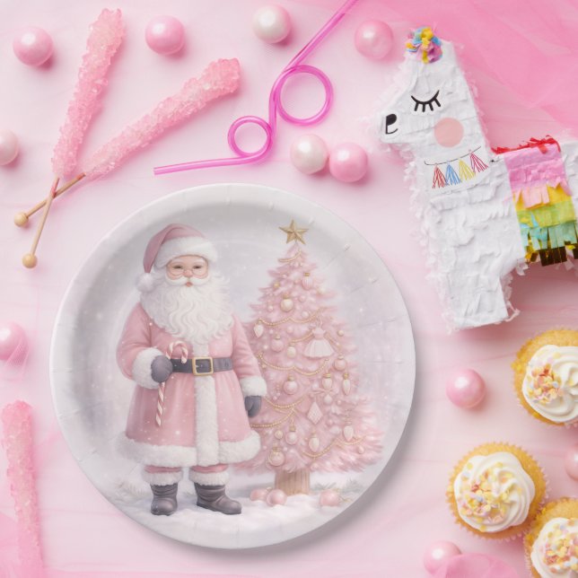Assiettes En Carton Pastel Pink Christmas Santa  (Fête)