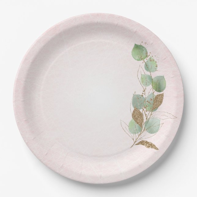 Assiettes En Carton Pastel Pink et Parties scintillant Feuilles botani (Devant)