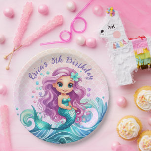 Assiettes En Carton Pastel Purple Petite Sirène Aquarelle Anniversaire
