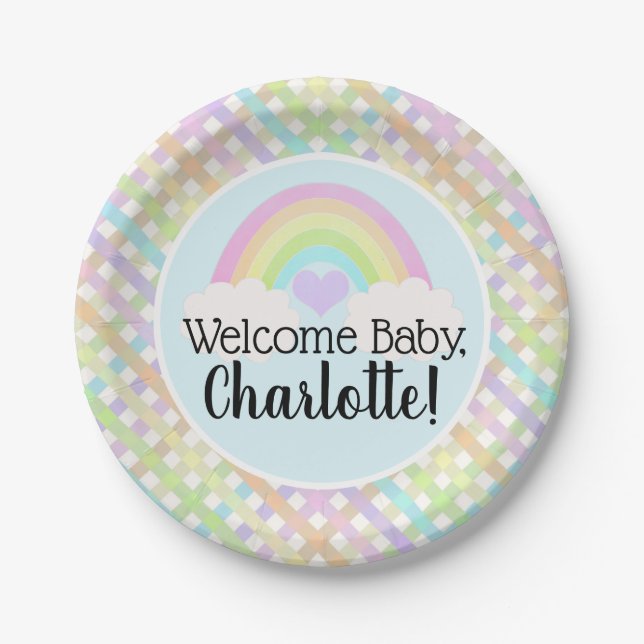 Assiettes En Carton Pastel Rainbow En vichy Baby shower d'accueil (Devant)