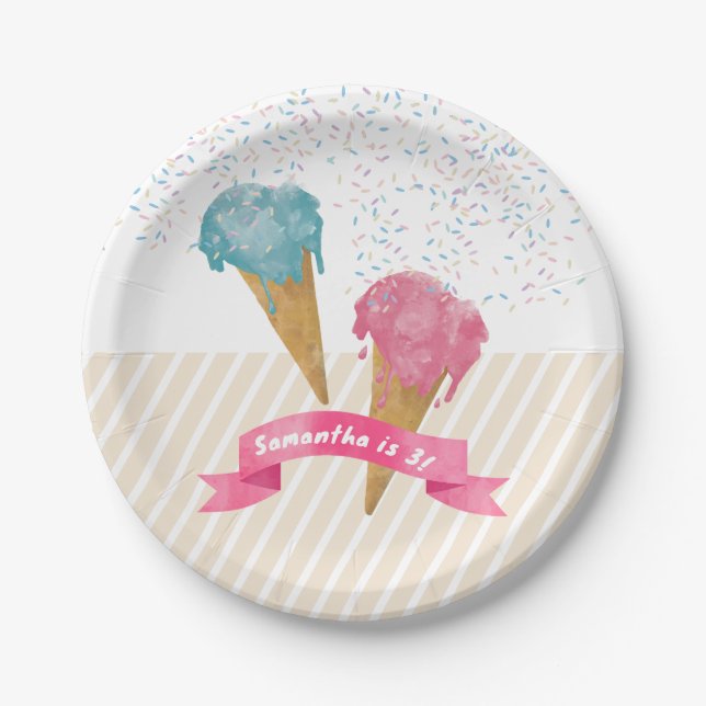 Assiettes En Carton Pastel Retro Aquarelle Crème glacée et arrosages (Devant)