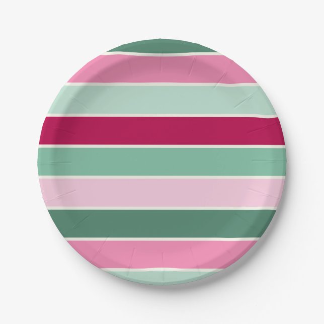 Assiettes En Carton Pastel rose et vert rayures (Devant)