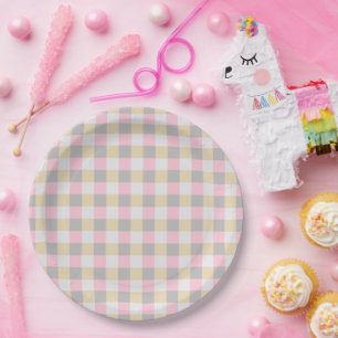 Assiettes En Carton Pastel Rose Jaune Gris Carreaux 