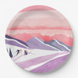 Assiettes En Carton Pastel Watercolor Ski Mountain Sunset