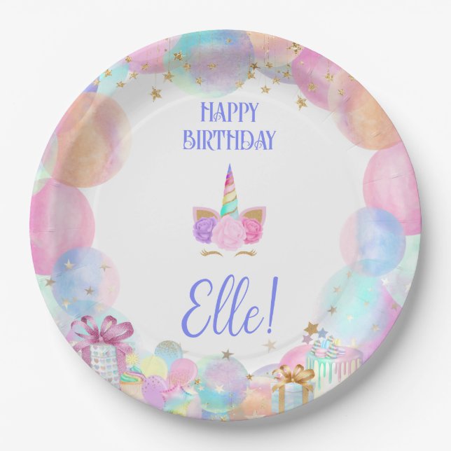 Assiettes En Carton Pastel Whimsical Rainbows Unicorns Anniversaire (Devant)