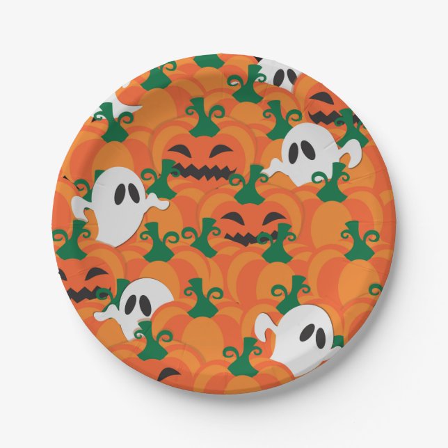 Assiettes En Carton Patch Citrouille Haunted Halloween Ghosts (Devant)