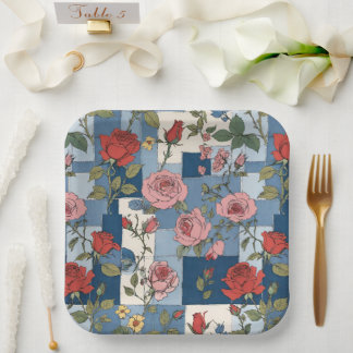 Assiettes En Carton Patches Retro Denim avec Roses rouges