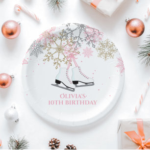 Assiettes En Carton Patinage d'anniversaire Flocons de neige rose or