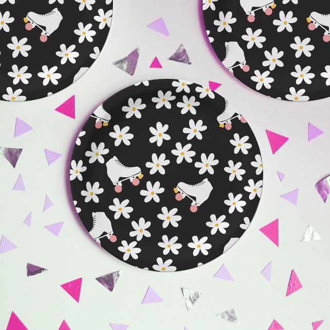 Assiettes En Carton Patinage Floral Noir Et Rose Anniversaire (Créateur téléchargé)