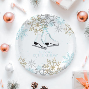 Assiettes En Carton Patinage sur glace Blue Silver Gold Snowflakes Ann
