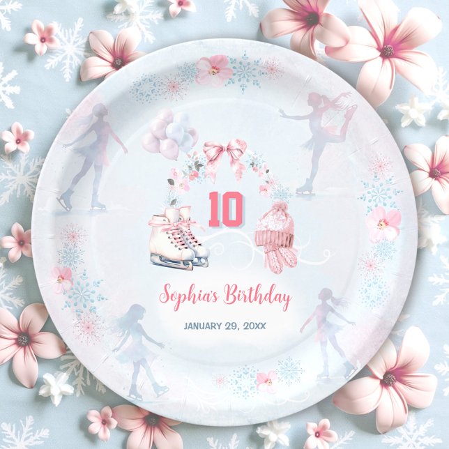 Assiettes En Carton Patinage sur glace Pink Blue Winter Girl Anniversa (Ice Skating Party Pink Blue Winter Girl Birthday Paper Plates)
