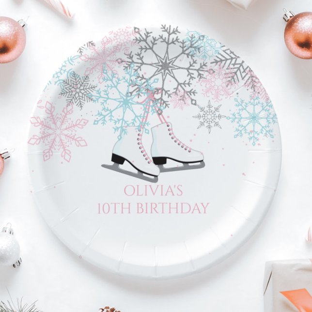 Assiettes En Carton Patinage sur glace Snowflakes Pink bleu argent par (Créateur téléchargé)