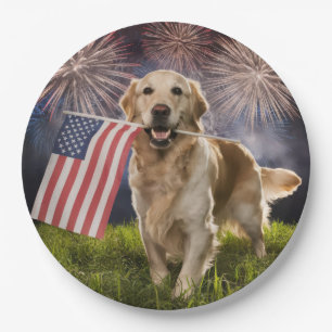 Assiettes En Carton Patriotique Golden Retriever avec feux d'artifice