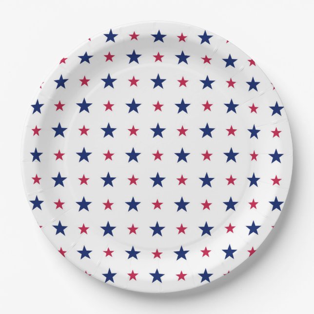 Assiettes En Carton Patriotique Rouge Blanc Bleu Étoiles USA (Devant)