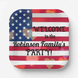Assiettes En Carton Patriotique USA Coeurs drapeau avec texte calligra