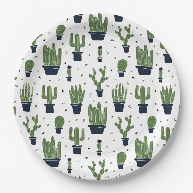 Assiettes En Carton Pattern Rustic Green Cactus (Devant)