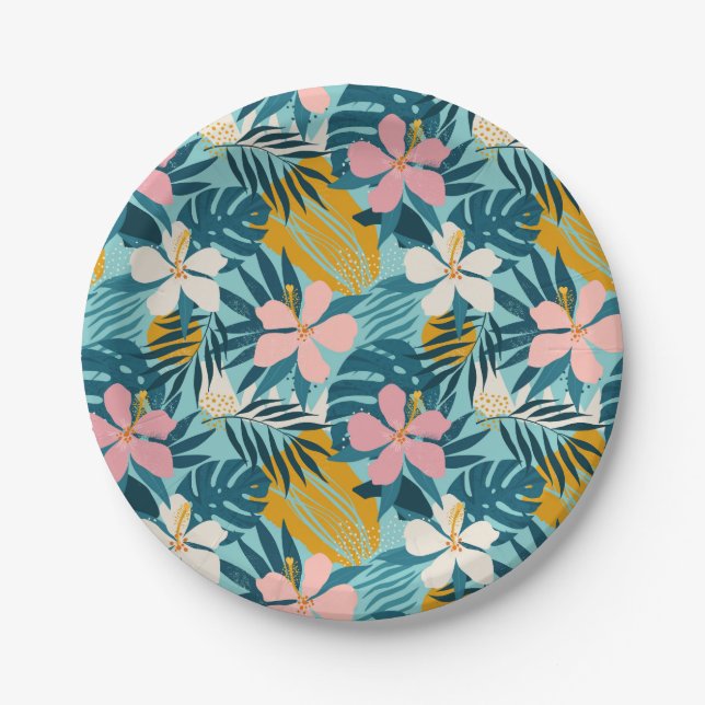 Assiettes En Carton Pattern tropical hibiscus (Devant)