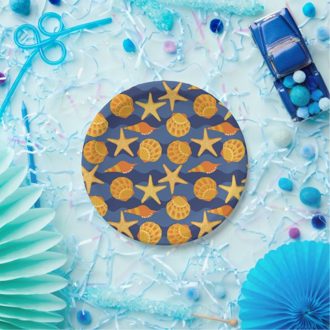 Assiettes En Carton Patters bleus et orange Seashell (Fête)
