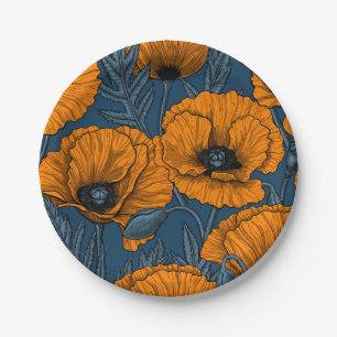 Assiettes En Carton Pavot orange sur bleu foncé