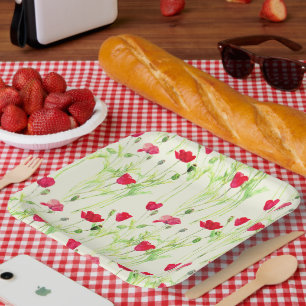 Assiettes En Carton Pavot rouge prairie estivale, fleurs sauvages