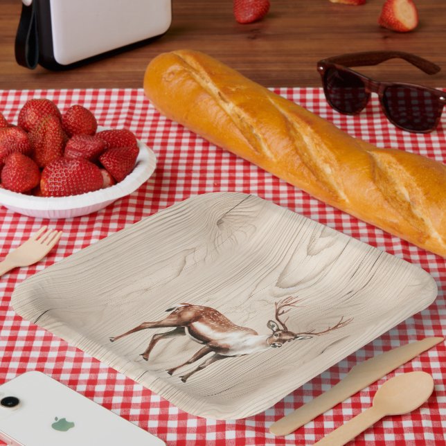 Assiettes En Carton Pays Faux Wood Deer Anniversaire (Pique-nique)