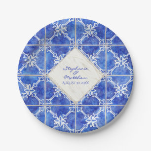 Assiettes En Carton Pays rustique de tuile d'aquarelle blanche bleue