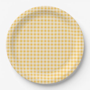 ASSIETTES EN CARTON PAYS RUSTIQUE JAUNE EN VICHY PLAQUE DE PAPIER