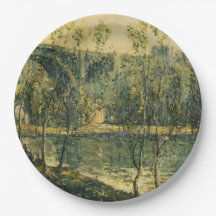 Paysage avec rivière et pont : Printemps matin