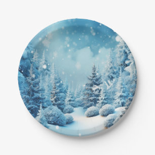 Assiettes En Carton Paysage hivernal Pins Flocons de neige