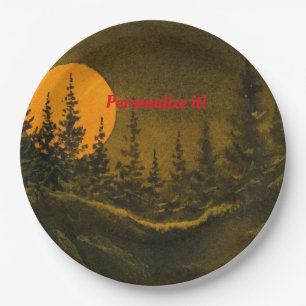 Assiettes En Carton Paysage nocturne; chasse ou moisson lune