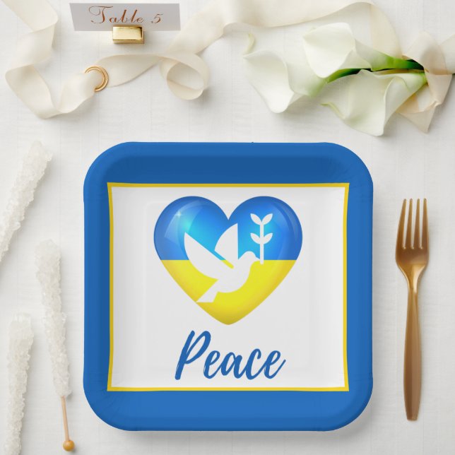 Assiettes En Carton Peace Dove Ukraine - Coeur du drapeau (Mariage)