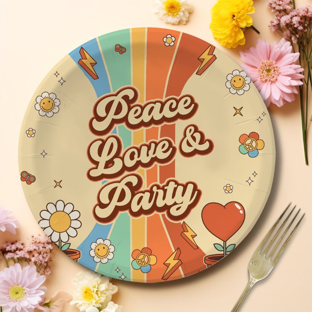 Assiettes En Carton Peace Love Party Retro Rainbow 6e anniversaire (Créateur téléchargé)