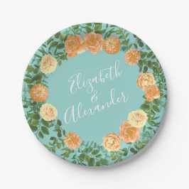 Assiettes En Carton Peach & Aqua Peony & Rose Floral Mariage