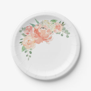 Assiettes En Carton Peach et rose pastel Aquarelle Florale