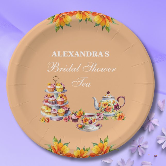 Assiettes En Carton Peach Floral Tea Party Fête des mariées (Créateur téléchargé)