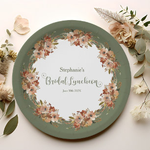 Assiettes En Carton Peach Floral Wreath Sage Green Bridal Luncheon